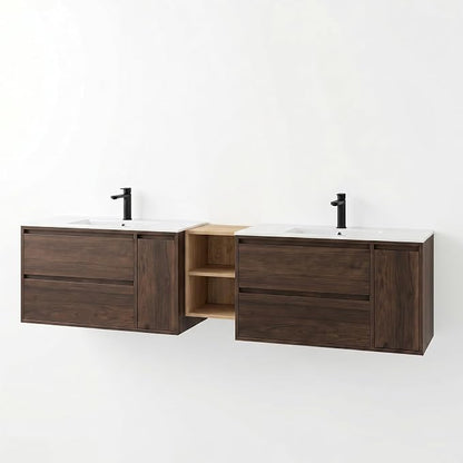 84 Modern Floating Double Sink Bathroom Vanity, Wall-Mounted with Seamless Ceramic Top, Rounded Corners, Full-Extension Soft-Close Drawers & Concealed Drainage (Wood color, 84 inch)