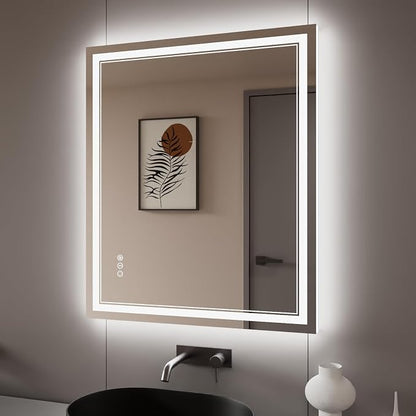 30x36 Inch LED Bathroom Mirror with Lights | Front and Backlit, 3 Colors, Dimmable, Memory, Anti Fog, Shatterproof, Horizontal/Vertical, Lighted Mirrors for Bathroom Wall