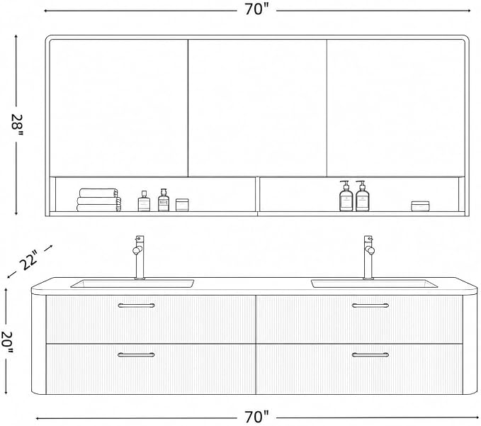 70 in Double Bathroom Vanity with Sinks - Modern Floating Bathroom Vanity with Solid Wood Cabinet, Anti-Fog Mirror and Integrated Stone Sinks | Wall Mounted Design | Ample Storage