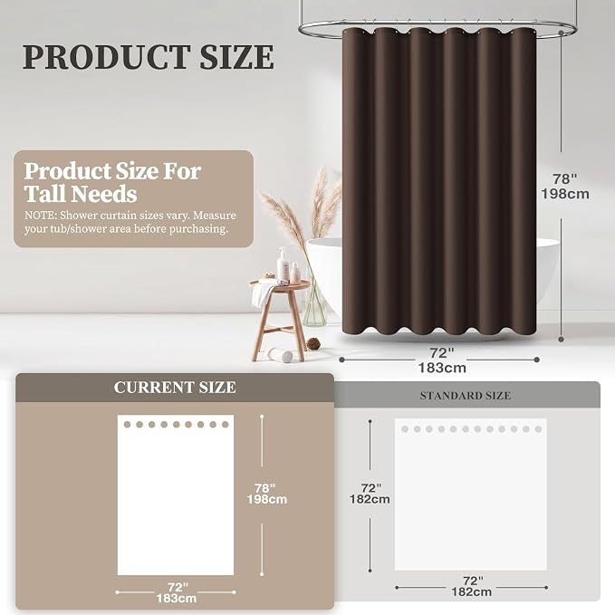 72x78 Linen Textured Waterproof Fabric Shower Curtain Set, Brown | Long Size, 230GSM Polyester, Heavy Duty Cloth, Weighted Hem, 12 Plastic Hooks, Modern Luxury Hotel Style, Machine Washable