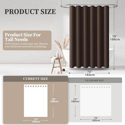 72x78 Linen Textured Waterproof Fabric Shower Curtain Set, Brown | Long Size, 230GSM Polyester, Heavy Duty Cloth, Weighted Hem, 12 Plastic Hooks, Modern Luxury Hotel Style, Machine Washable