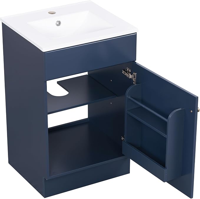 Christopher Knight Home Vanes Wood Frame 20" Bathroom Vanity with Ceramic Sink, Cabinet with Soft-Closing Door Shelf and Adjustable Shelf, Open Back, Metal Hardware, Storage/Organizer, Blue