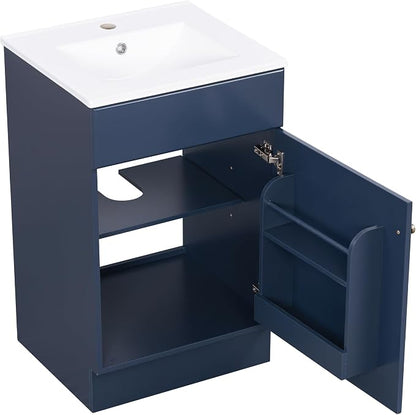 Christopher Knight Home Vanes Wood Frame 20" Bathroom Vanity with Ceramic Sink, Cabinet with Soft-Closing Door Shelf and Adjustable Shelf, Open Back, Metal Hardware, Storage/Organizer, Blue