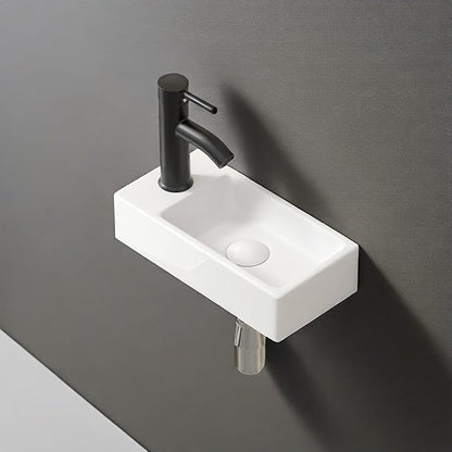 14"x7" Small Bathroom Sink Wall Mount Bathroom Sink Rectangle Ceramic Wash Basin floating Mini Vessel Sink for Bathrooms, Left Hand