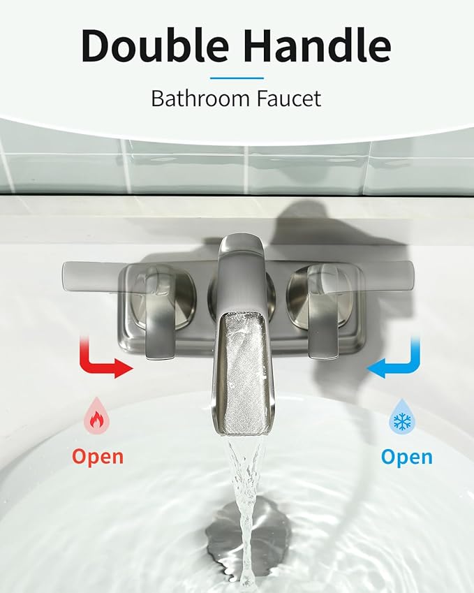 Fapully Bathroom Faucet, Waterfall Bathroom Sink Faucet Widespread, 4 Inch Centerset Brushed Nickel Faucet for Bathroom Sink with Pop-up Drain