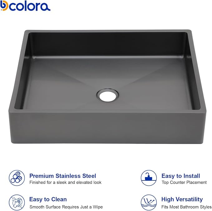 Dcolora 19 In. Black Drop In Bathroom Vessel Sink, 16 Gauge Stainless Steel, Rectangle Design with Drain Assembly, 15"D x 19"W x 4"H #DC-VS261203