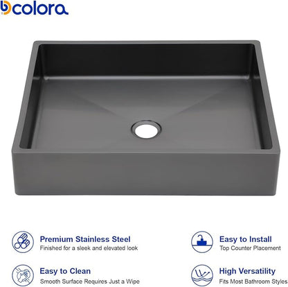 Dcolora 19 In. Black Drop In Bathroom Vessel Sink, 16 Gauge Stainless Steel, Rectangle Design with Drain Assembly, 15"D x 19"W x 4"H #DC-VS261203