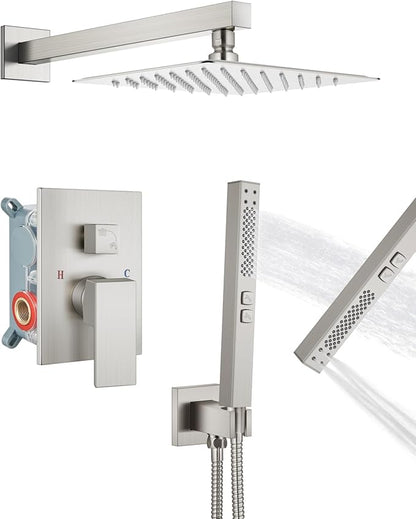 Shower Faucet Set Rainfall Shower System with Square Showerhead and Handle Set Fixture with 2 in 1 Function Handheld Sprayer Wall Mounted Trim Repair Kit Rough-in Valve 8 Inch Brushed Nickel