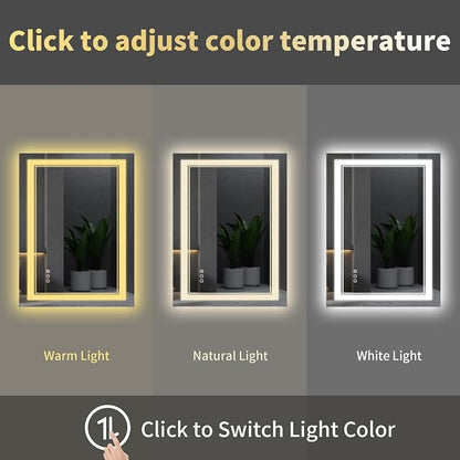 48x36 Inch LED Bathroom Mirror with Lights | Front and Backlit, 3 Colors, Dimmable, Memory, Anti Fog, Shatterproof, Horizontal/Vertical, Lighted Mirrors for Bathroom Wall