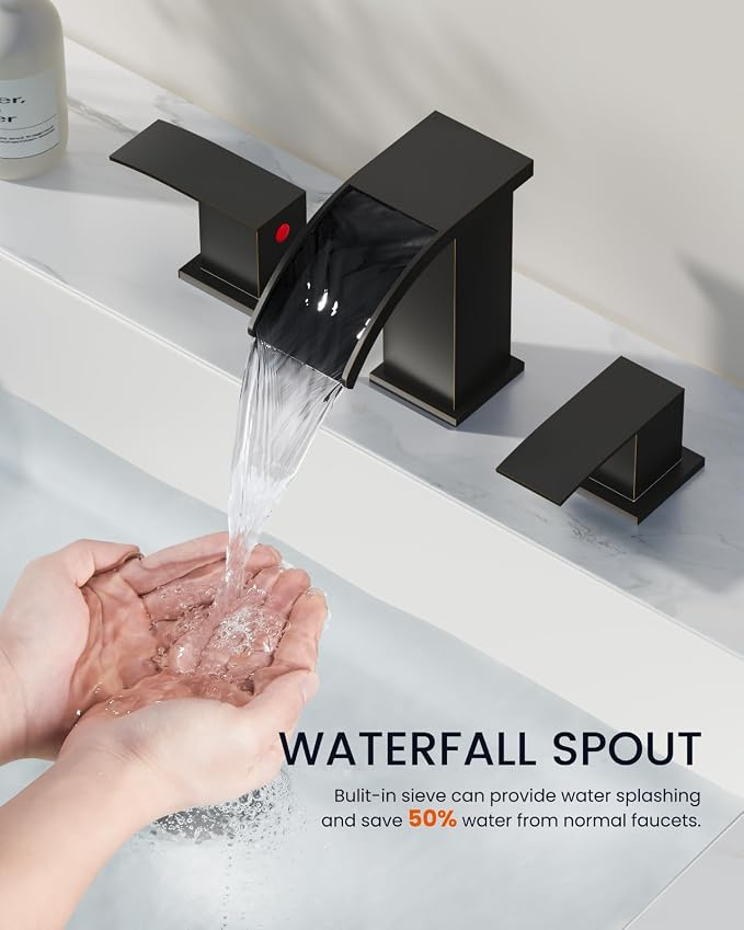gotonovo Waterfall Bathroom Faucet 3 Hole Square Body,Oil Rubbed Bronze | SUS304 8’’ Widespread Bathroom Sink Faucet,2.17’’ Wide Spout,24’’ cUPC Hose,Pop Up Drain,2 Handle,Vanity,Lavatory,Basin,RV