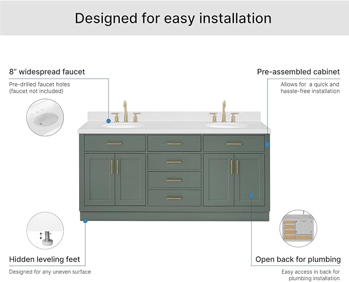 ARIEL Hepburn 72-inch Bathroom Vanity with Sink,Solid Wood, 1.5-inch Carrara White Quartz Countertop, Double Oval Porcelain Sink, 4 Soft Closing Doors, 6 Dovetail Drawers, Vintage Green