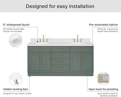 ARIEL Hepburn 72-inch Bathroom Vanity with Sink,Solid Wood, 1.5-inch Carrara White Quartz Countertop, Double Oval Porcelain Sink, 4 Soft Closing Doors, 6 Dovetail Drawers, Vintage Green