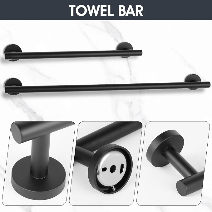 18 Piece Matte Black Bathroom Hardware Set, Towel bar Set for Bathroom | 24 inch Towel bar, Bathroom Towel Rack, Towel Ring, Toilet Paper Holder, Towel Hook, Bathroom Accessories Set