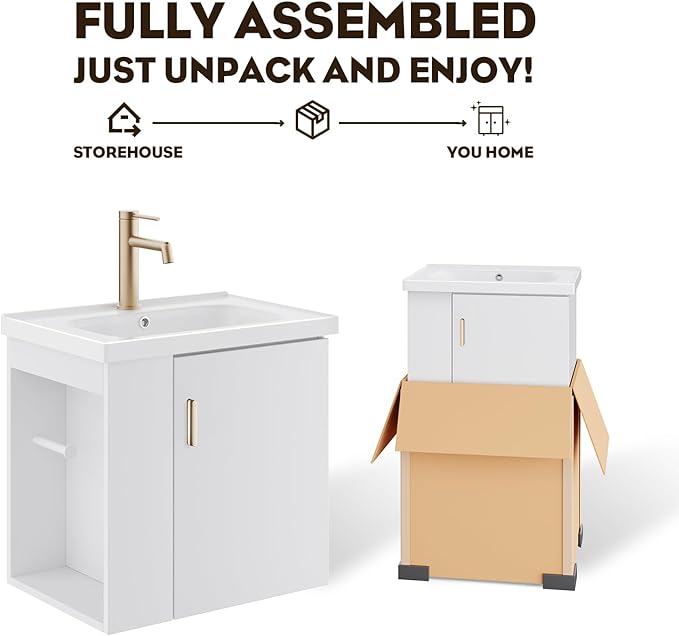 phiestina 20 Inch White Floating Small Bathroom Vanity, Pre-Assembled Wall Mounted Cabinet with Sink, Left Side Storage, Soft-Close Door, Modern Space-Saving Design, No Faucet, BV04-20-WHITE-PLUS