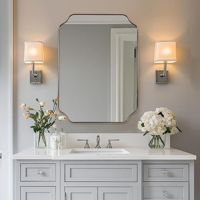 Scalloped Bathroom Mirror, 24x32’’ Brushed Nickel Rectangle Mirror for Bathroom, Silver Bathroom Vanity Mirror, Unique Scalloped Edge Design, Rust-Proof Stainless Steel Frame