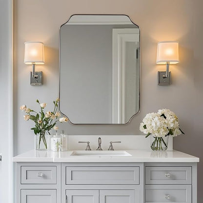 Scalloped Bathroom Mirror, 24x32’’ Brushed Nickel Rectangle Mirror for Bathroom, Silver Bathroom Vanity Mirror, Unique Scalloped Edge Design, Rust-Proof Stainless Steel Frame