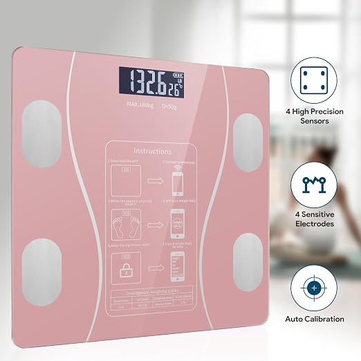 Smart Body Fat Scale with Led Display - Digital Bathroom Scale with Bluetooth, Accurate Body Composition Measurement, Muscle Mass, BMI, and Body Water Analysis (Pink)