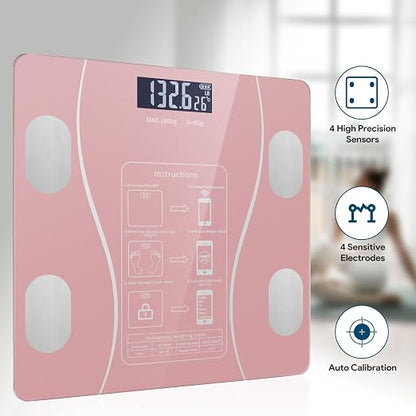 Smart Body Fat Scale with Led Display - Digital Bathroom Scale with Bluetooth, Accurate Body Composition Measurement, Muscle Mass, BMI, and Body Water Analysis (Pink)
