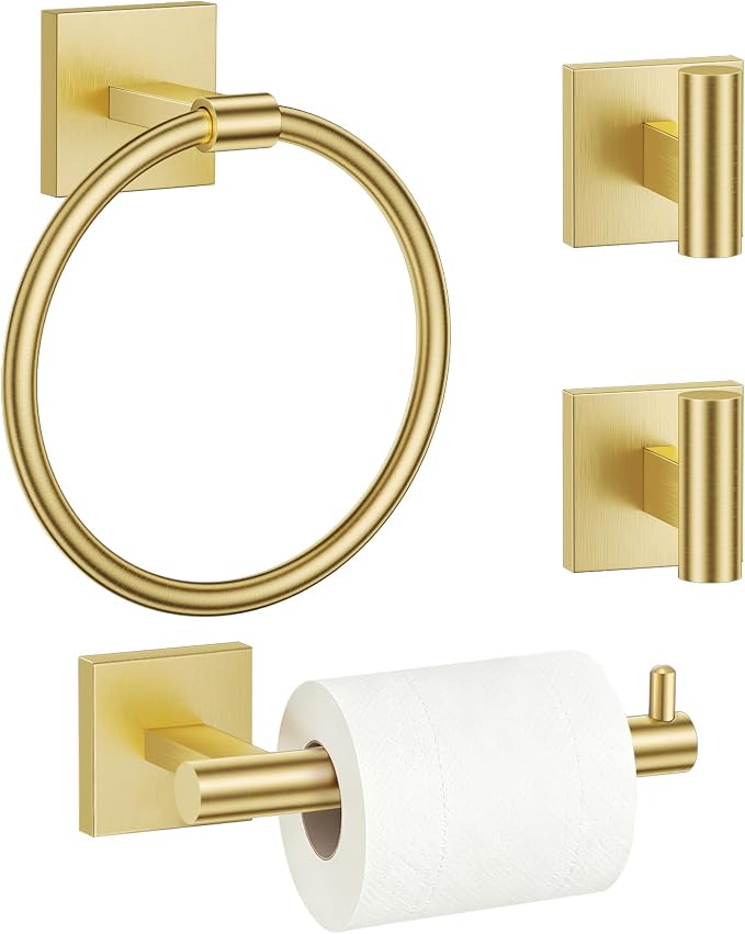 TURS Brushed Gold 4-Pieces Towel Ring Set Include Towel Ring Toilet Paper Holder Towel Hook SUS304 Stainless Steel Bathroom Accessories Kit Wall Mounted