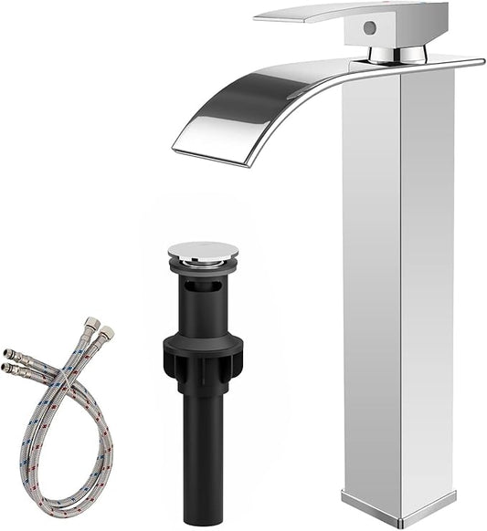 BWE Vessel Sink Faucet Chrome Waterfall Bathroom Faucet for Sink 1 Hole Single Handle Tall Vanity Faucet Lavatory Deck Mount Mixer Tap with Pop-up Drain