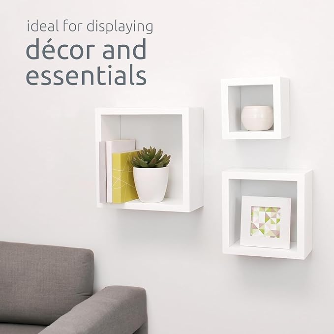 Kiera Grace Cubbi Floating Shelves, Modern Wall-Mounted Square Shelves for Bedroom, Bathroom, Kitchen, Easy to Hang, 5"/7"/9", , Set of 3