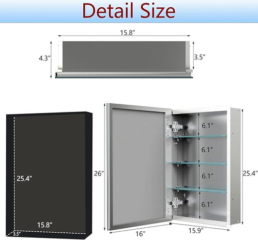 Medicine Cabinet Mirror with Storage, 16x26 inch Aluminum Bathroom Cabinet, Assembly Needed, Surface Mount or Recessed Wall Cabinet with Adjustable Glass Shelves for Bathroom Bedroom