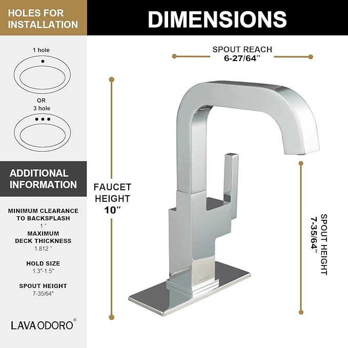 Chrome Bathroom Faucet Single Hole, Lava Odoro Square Bathroom Sink Faucet Single Handle Vanity Faucet with Drain Assembly, Solid Brass Vessel Sink Faucet Deck Plate Included, BF204-C