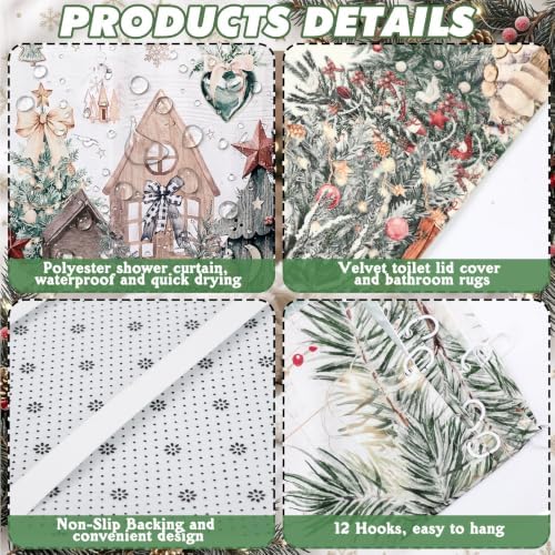 FuWeave 8Pcs Christmas Shower Curtain Set Farmhouse Rustic Bathroom Decor