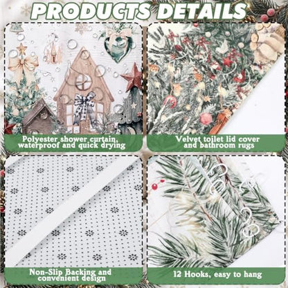 FuWeave 8Pcs Christmas Shower Curtain Set Farmhouse Rustic Bathroom Decor