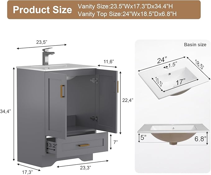 24 inch Bathroom Vanity with Sink, Modern Grey Vanity for Bathroom with Undermount Ceramic Sink, Freestanding 2-Door & 1-Drawer Storage Cabinet, for Small Bathroom Space, (Grey, 24")
