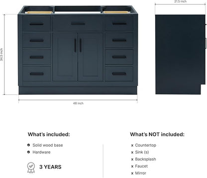 ARIEL Hepburn 48-inch Bathroom Vanity Base Cabinet,Solid Wood, 2 Soft Closing Doors, 9 Dovetail Drawers, Midnight Blue