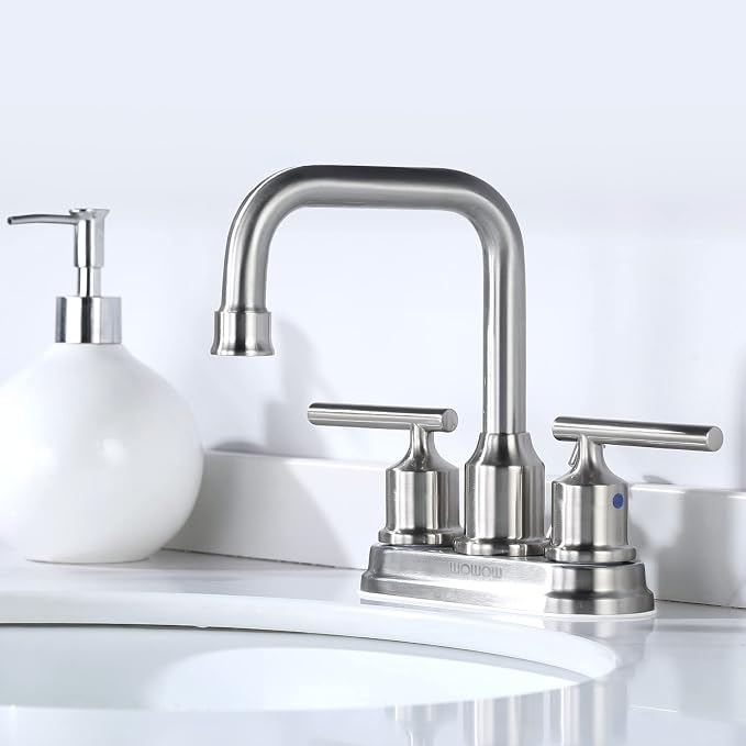 WOWOW Centerset Bathroom Faucet Brushed Nickel: 4 Inch Bathroom Sink Faucets with Lift Rod Drain Assembly Vanity Faucet 2 Handle High Arc Taps Modern