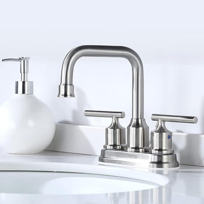 WOWOW Centerset Bathroom Faucet Brushed Nickel: 4 Inch Bathroom Sink Faucets with Lift Rod Drain Assembly Vanity Faucet 2 Handle High Arc Taps Modern