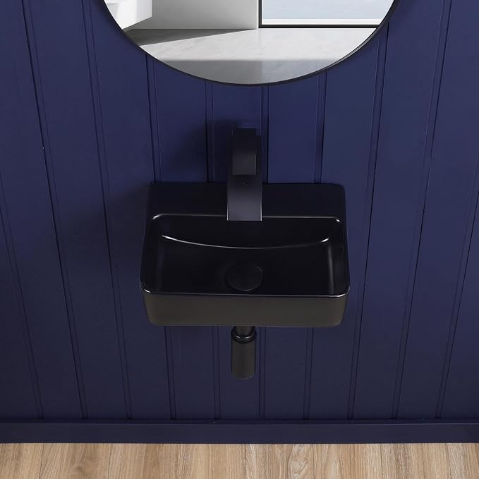 Small Wall Mount Bathroom Vessel Sink Matte Black 14"x10" Rectangular Floating Porcelain Ceramic Black Wall Hung Vanity Basin Sink for Tiny Home,RV,Bathroom