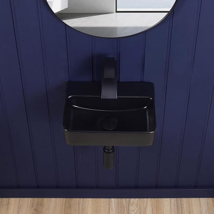 Small Wall Mount Bathroom Vessel Sink Matte Black 14"x10" Rectangular Floating Porcelain Ceramic Black Wall Hung Vanity Basin Sink for Tiny Home,RV,Bathroom