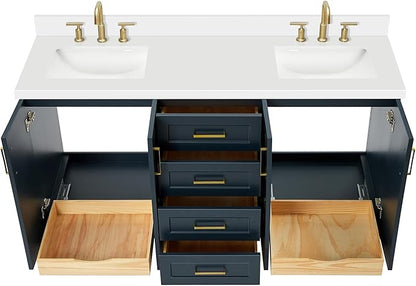 ARIEL Taylor 66-inch Bathroom Vanity with Sink,Solid Wood, 1.5-inch Pure White Quartz Countertop, Double Rectangular Porcelain Sink, 4 Soft Closing Doors, 5 Dovetail Drawers, Midnight Blue