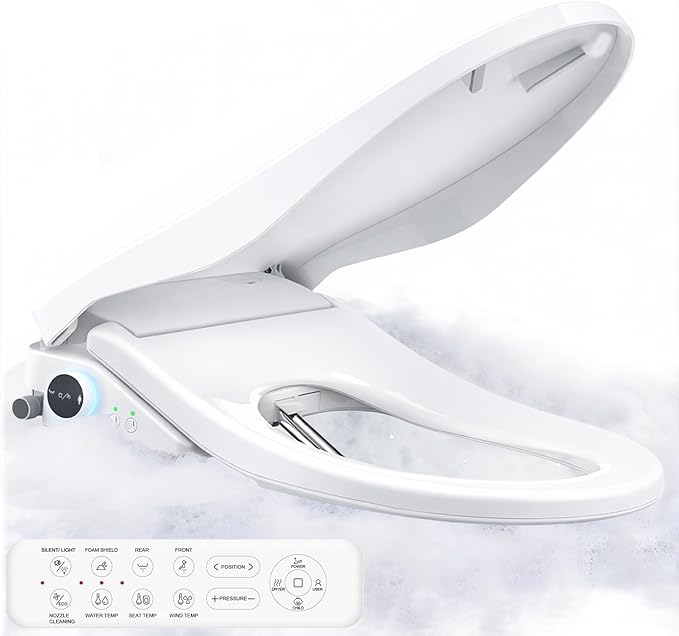 iliD Bidet Toilet Seat, Foam Shield Bidet Seat, Heated Toilet Seat Elongated, Instant Warm Water & Dryer, Front Wash & Rear Wash, User Mode, Remote Control, Self-Clean Nozzle, ECO Silent Night Child