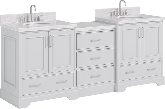 ARIEL Stafford 84-inch Bathroom Vanity with Sink,Solid Wood, 1.5in Italian Carrara Marble Countertop & Backsplash, Double Oval Porcelain Sink, 4 Soft Closing Doors, 5 Dovetail Drawers, Grey