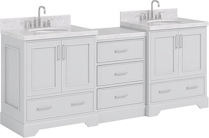 ARIEL Stafford 84-inch Bathroom Vanity with Sink,Solid Wood, 1.5in Italian Carrara Marble Countertop & Backsplash, Double Oval Porcelain Sink, 4 Soft Closing Doors, 5 Dovetail Drawers, Grey