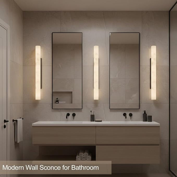 Alabaster Wall Sconce Black, 36" Large Matte Black Linear Sconce, Durable Modern Wall Sconces for Bathroom Vanity, Dimmable 3000K Faux Alabaster Lighting for Living Room, Bedroom, Stairs (1 Pack)