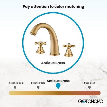 gotonovo Widespread Bathroom Sink Faucet 3 Hole Antique Brass,H&C Label | Vintage 8’’ Bathroom Faucet,2 Cross Handle,6-16’’ Sink,Vanity,RV,Farmhouse,SUS304,24’’ cUPC Hose,Pop Up Drain,Deck Mount