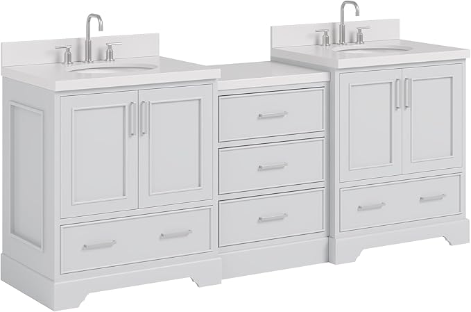 ARIEL Stafford 84-inch Bathroom Vanity with Sink,Solid Wood, 1.5in Pure White Quartz Countertop & Backsplash, Double Oval Porcelain Sink, 4 Soft Closing Doors, 5 Dovetail Drawers, Grey