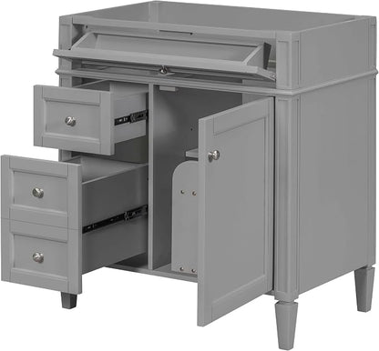 30" Bathroom Vanity Without Top Sink,Modern Freestanding Bath Storage Cabinet with 2 Soft-Close Drawers & Tip-Out Tray,Solid Wood Vanity Only w/Adjustable Shelf & Door Organizer,Grey