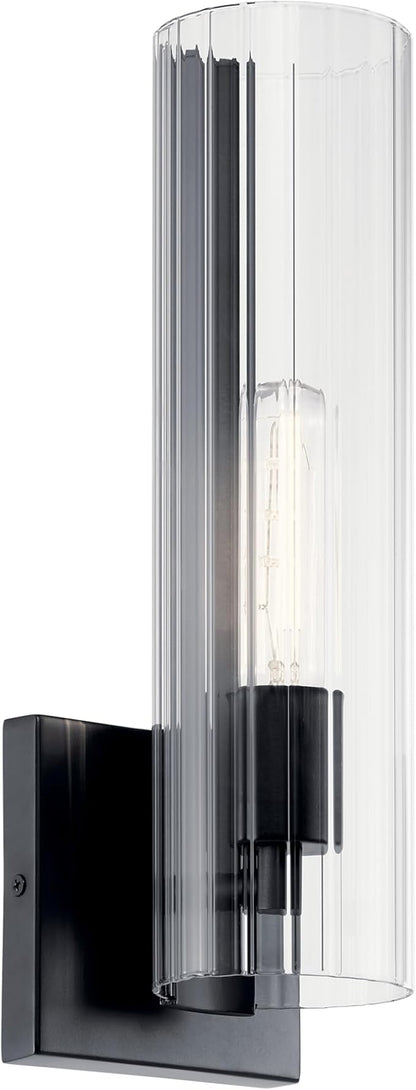 Kichler Jemsa 1 Light Wall Sconce, Modern Light with Clear Fluted Glass in Black for Bathroom, Powder Room, Sides of Fireplace, Down a Hallway, Kitchen, or Bedroom (14" x 4.75"), 55165BK
