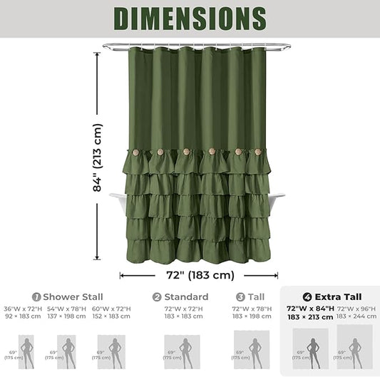 Seasonwood Sage Green Shower Curtain for Bathroom Cute Ruffle Shower Curtain 72 X 84 Inches Farmhouse Shower Curtains with Buttons & Green Ruffles
