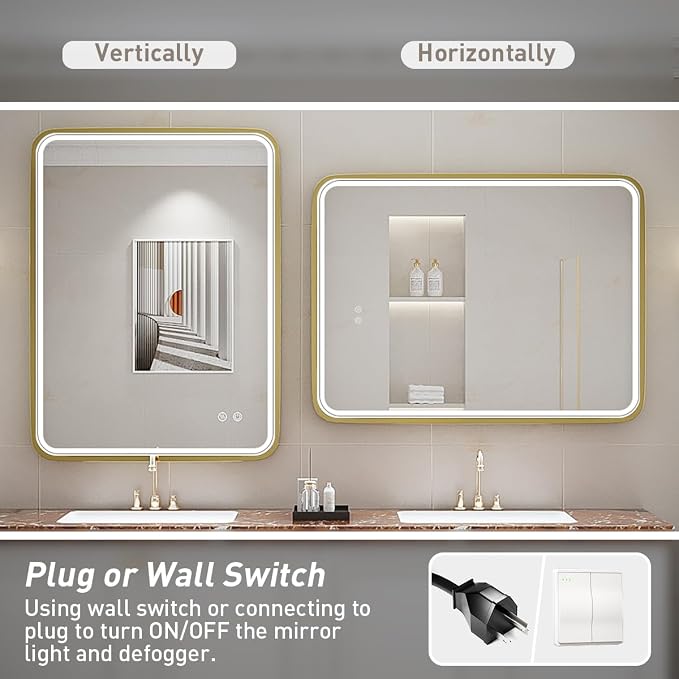 LED Bathroom Mirror with Light,Gold Frame,24x32 Inch | ETL Listed,Anti-Fog,3000K/4500K/6000K Dimmable,Horizontal & Vertical,Wall Mounted,Memory Function