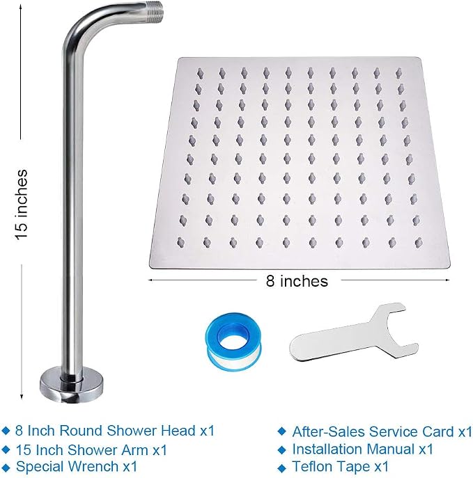 NearMoon Square Rain Shower Head With Extension Arm, Large Stainless Steel Rainfall Shower-Waterfall Full Body Coverage (8 Inch, Chrome)