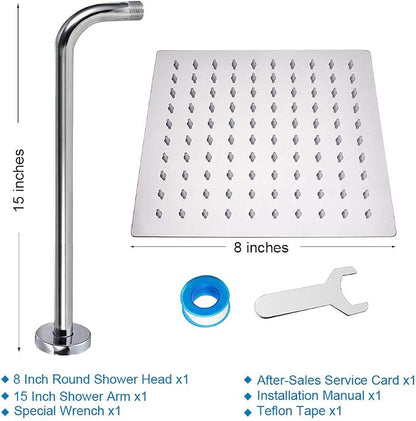 NearMoon Square Rain Shower Head With Extension Arm, Large Stainless Steel Rainfall Shower-Waterfall Full Body Coverage (8 Inch, Chrome)