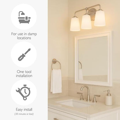 Design House Stasia Vanity Light, 3-Light, Sleek Modern Arms, Frosted Glass Glow, Dimmable, Dual-Mount Option, E26 Socket, Satin Nickel, 23.8 in L x 6.7 in W x 11.0 in H, 589291