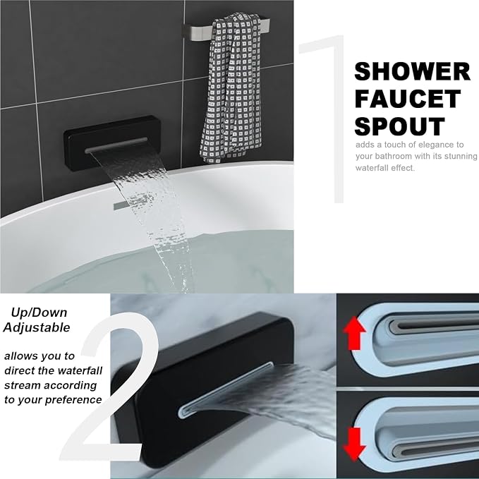 Enga Dual Shower Head System with Tub Spout, Ceiling Mount 10 Inch Shower Head with 6 Inch Wall Mount Shower Head, 4 Way Diverter Shower Faucet with 2 in 1 Handheld, Matte Black